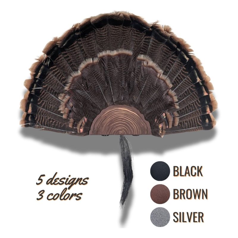 Metal turkey fan hanger displaying a beautiful turkey feather fan, product brown tree stump