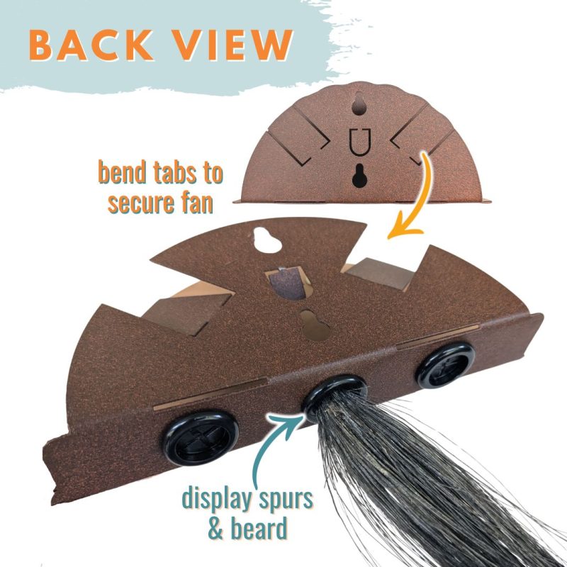 Metal turkey fan holder, back view showing how to fold down tabs to hold hanger, and grommets to hold beard and spurs