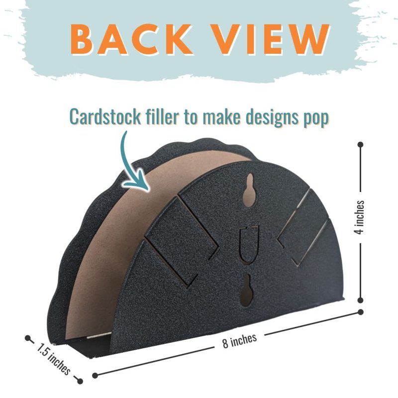 Metal turkey fan product, back view showing dimensions and cardstock filler
