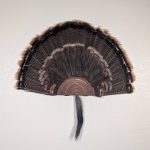 Kabash Outdoors American steel turkey fan display hanger. Fan holder is rustic brown and looks like a tree stump. It is holding a beautiful turkey tail and beard.