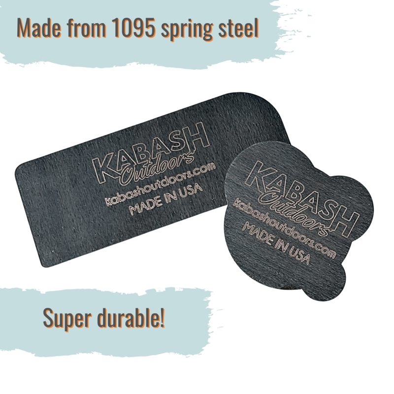 Kabash Outdoors card scraper set for bows. close up of both scraper styles with the material callout of 1095 spring steel.
