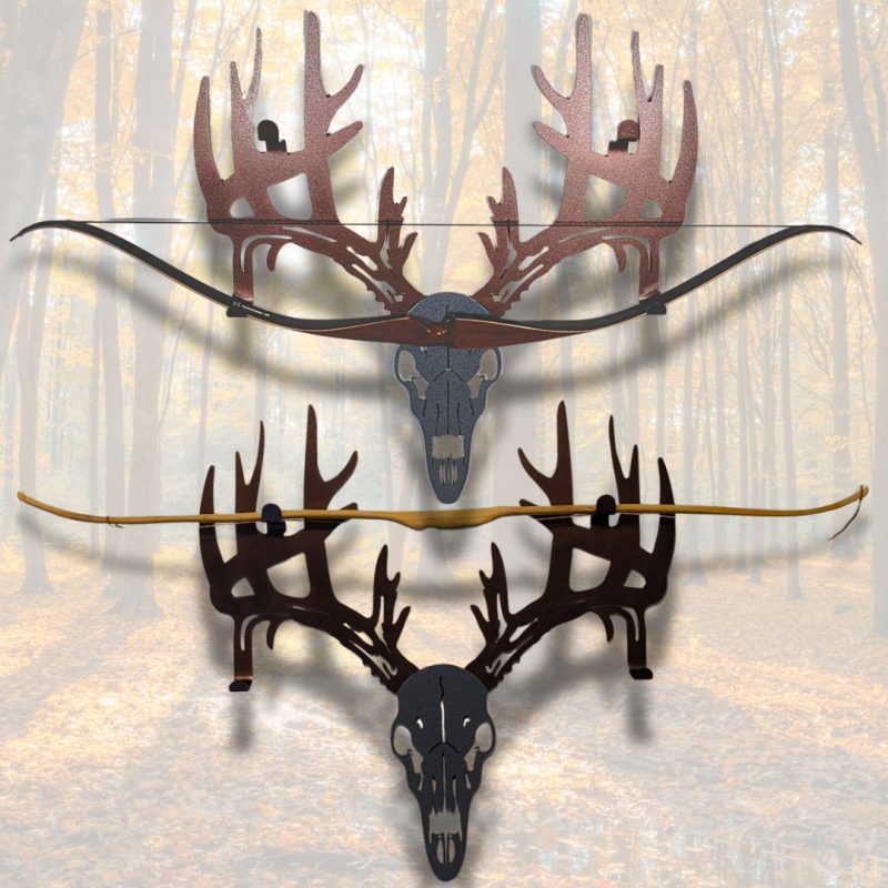 Bow and gun rack in the shape of a whitetail deer skull and rack